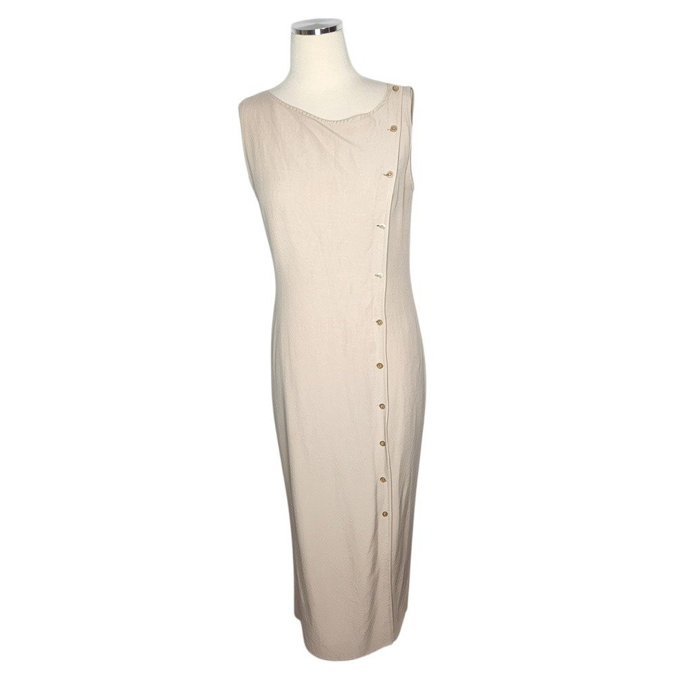 Finity Silk Linen Asymmetrical Button Front Sleeveless Midi Dress Beige M 10